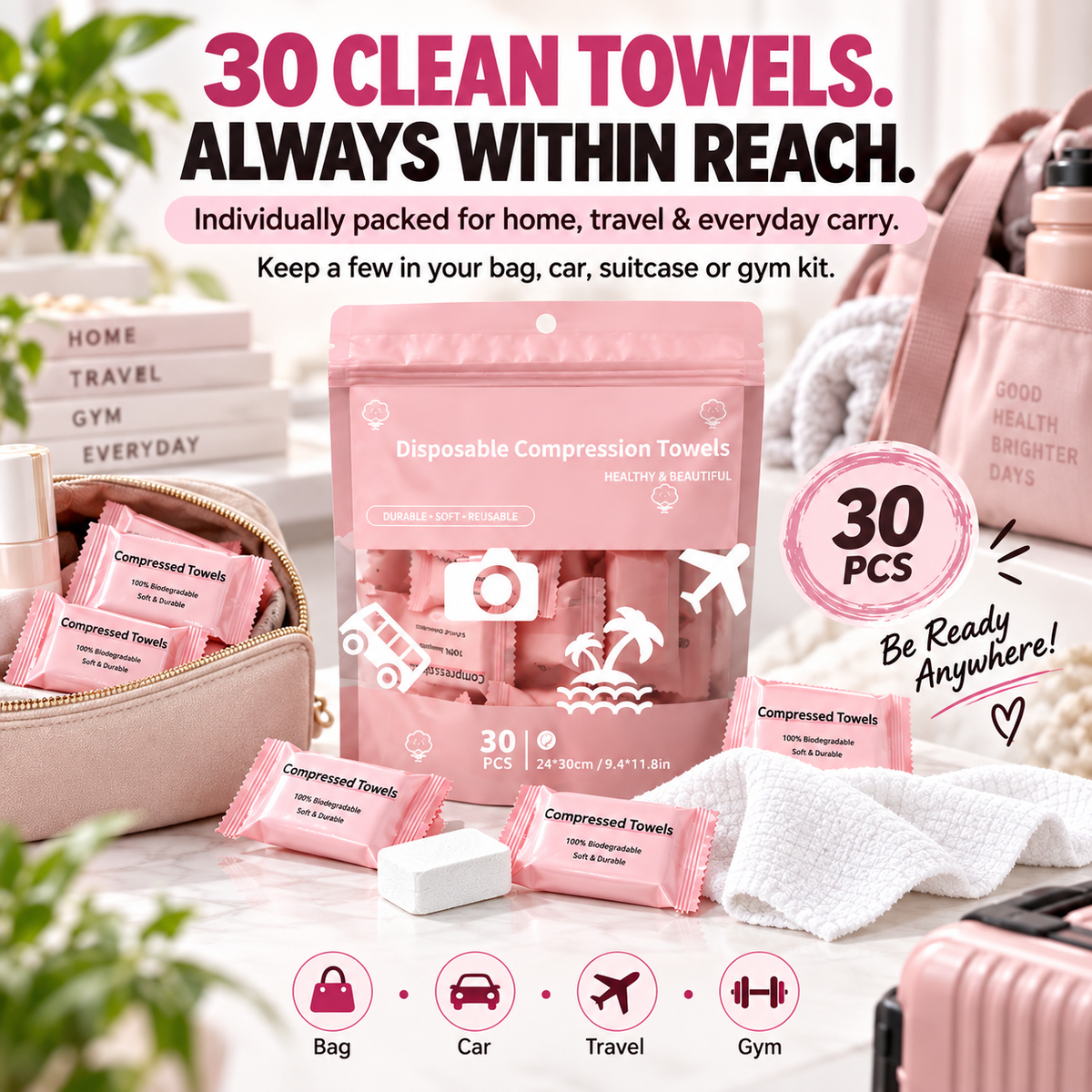 🌿30-Pack Disposable Compressed Towels – Soft, Absorbent & Travel-Friendly
