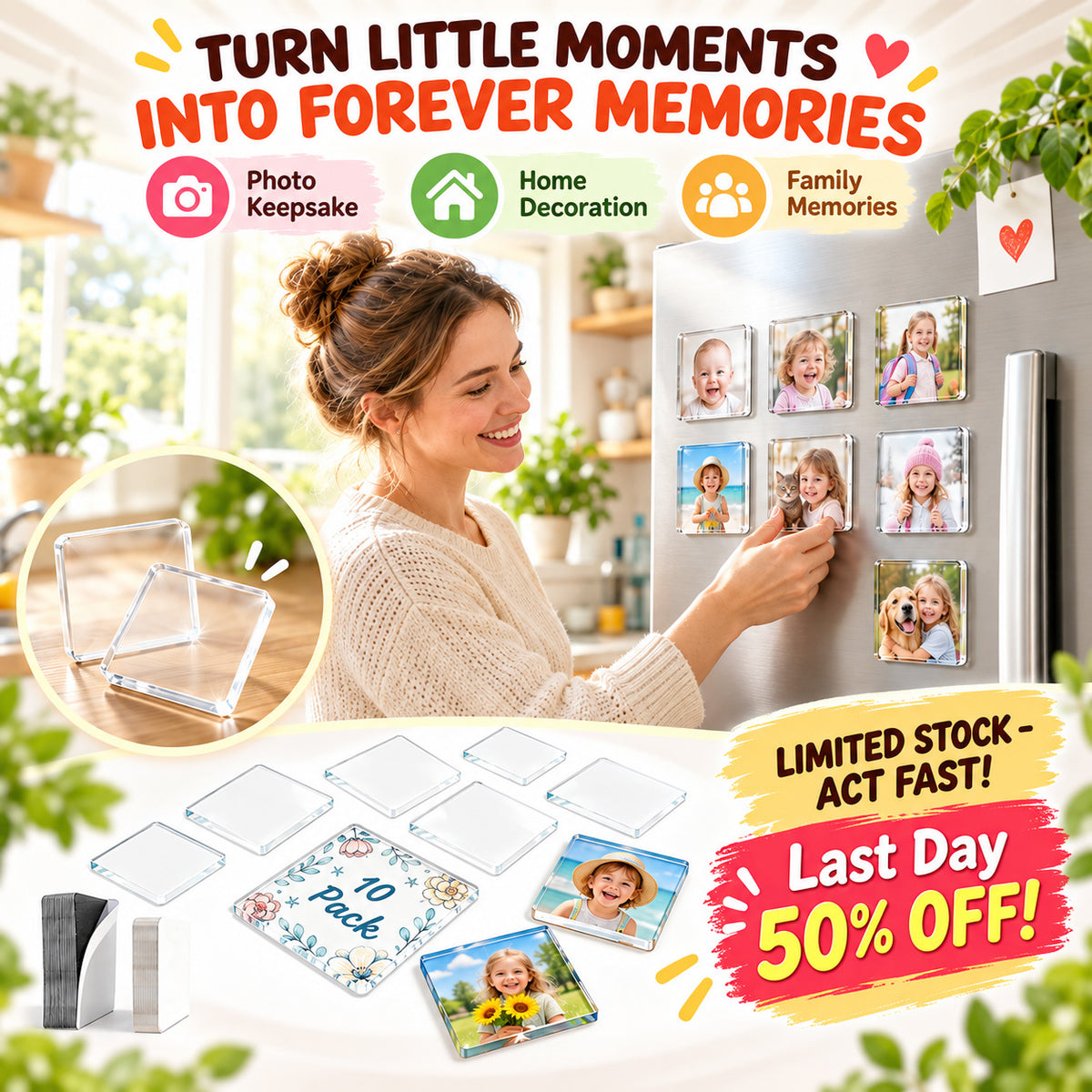 🎁Clear Acrylic DIY Fridge Magnet Set with Adhesive Backing – Square Magnetic Photo Frames with Stunning 3D Effect 💕1