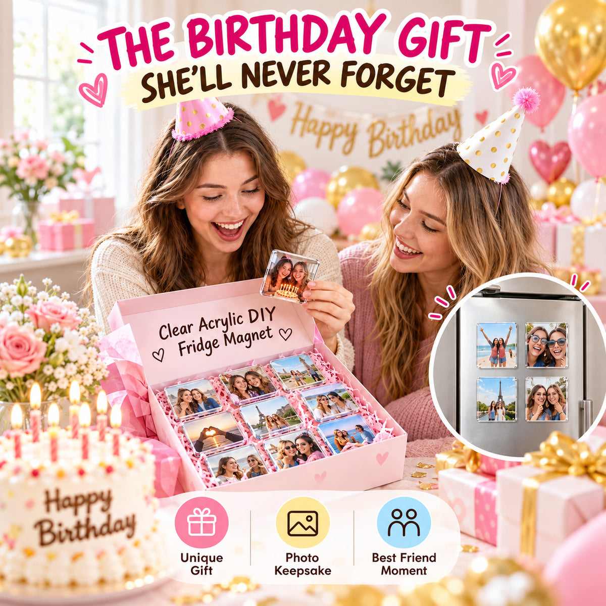 🎁Clear Acrylic DIY Fridge Magnet Set with Adhesive Backing – Square Magnetic Photo Frames with Stunning 3D Effect 💕1