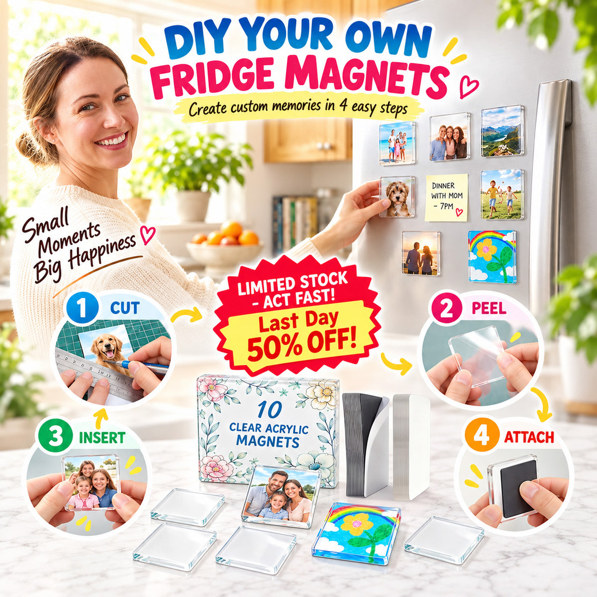 🎁Clear Acrylic DIY Fridge Magnet Set with Adhesive Backing – Square Magnetic Photo Frames with Stunning 3D Effect 💕1