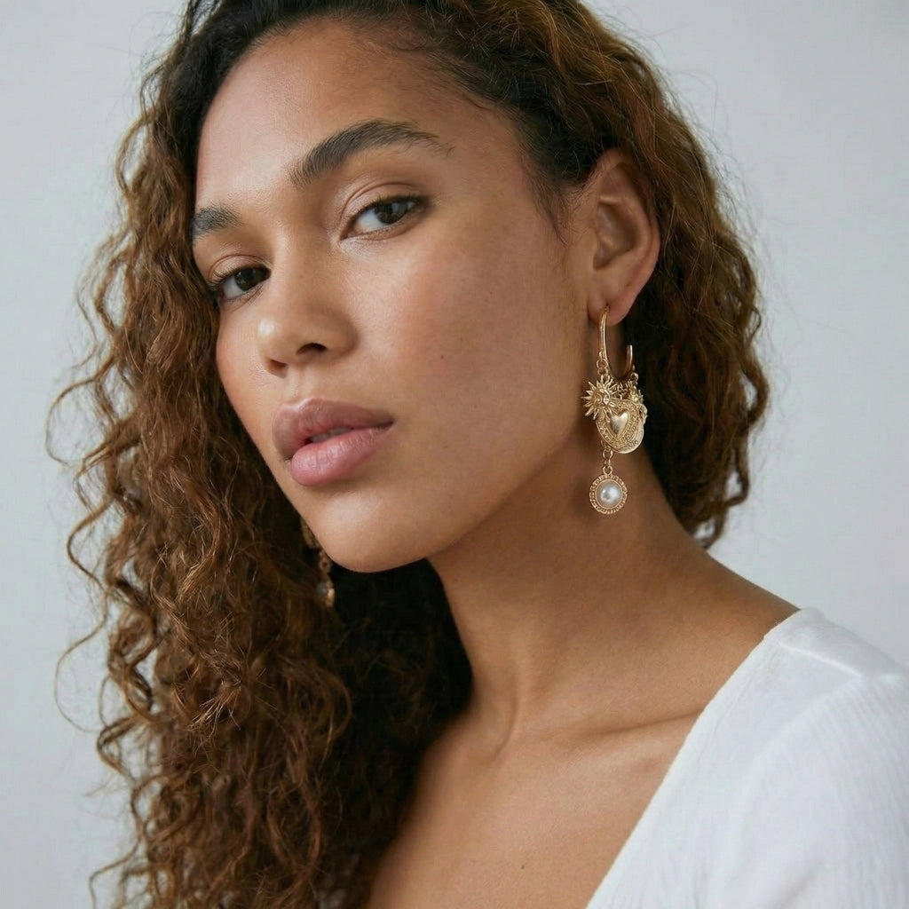 Celestial Charm & Pearl Dangle Hoop Earrings