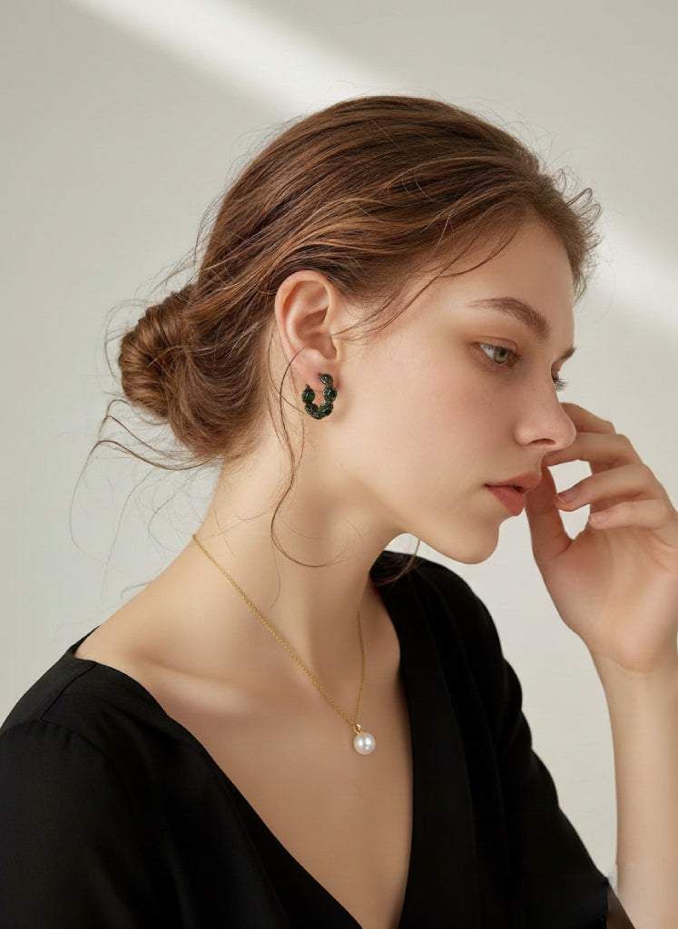 Vintage Emerald-Tone Geometric Hoop Earrings