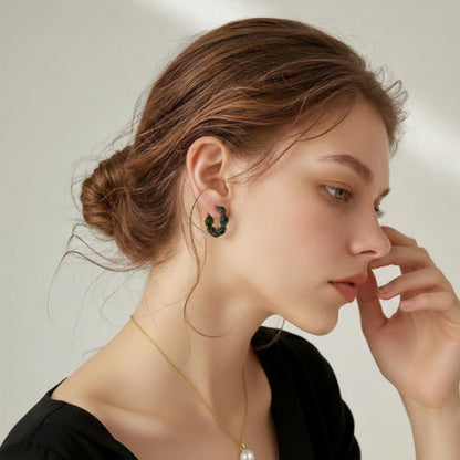 Vintage Emerald-Tone Geometric Hoop Earrings