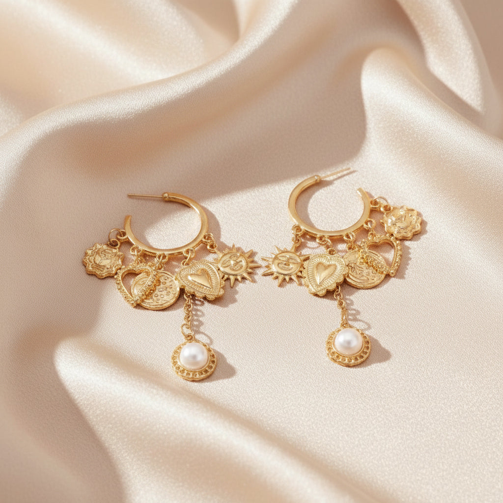 Celestial Charm & Pearl Dangle Hoop Earrings