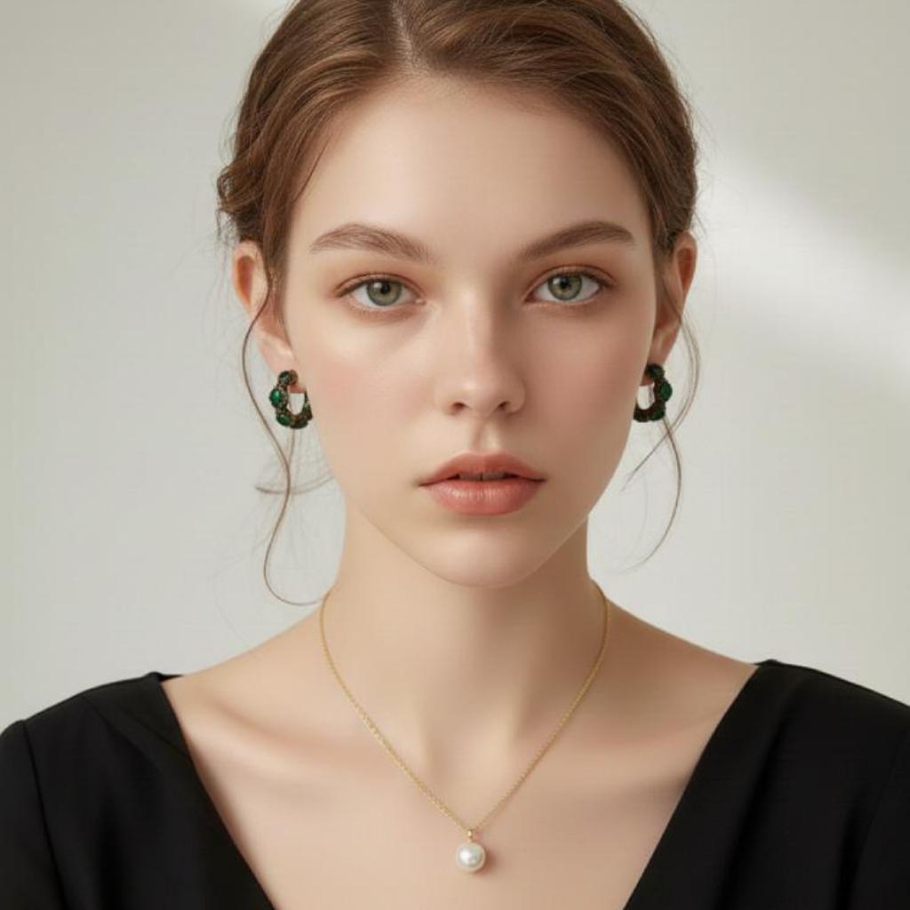 Vintage Emerald-Tone Geometric Hoop Earrings