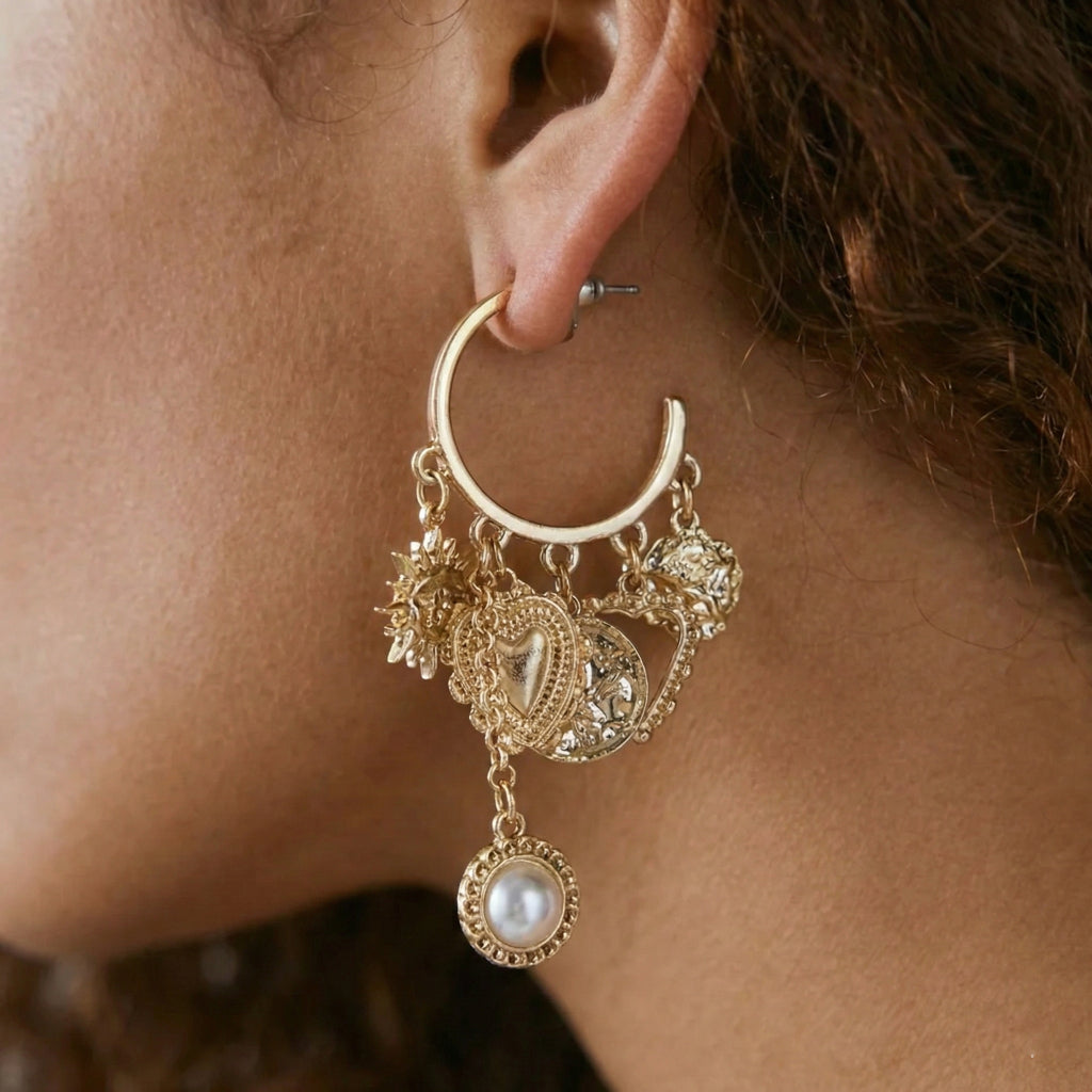 Celestial Charm & Pearl Dangle Hoop Earrings
