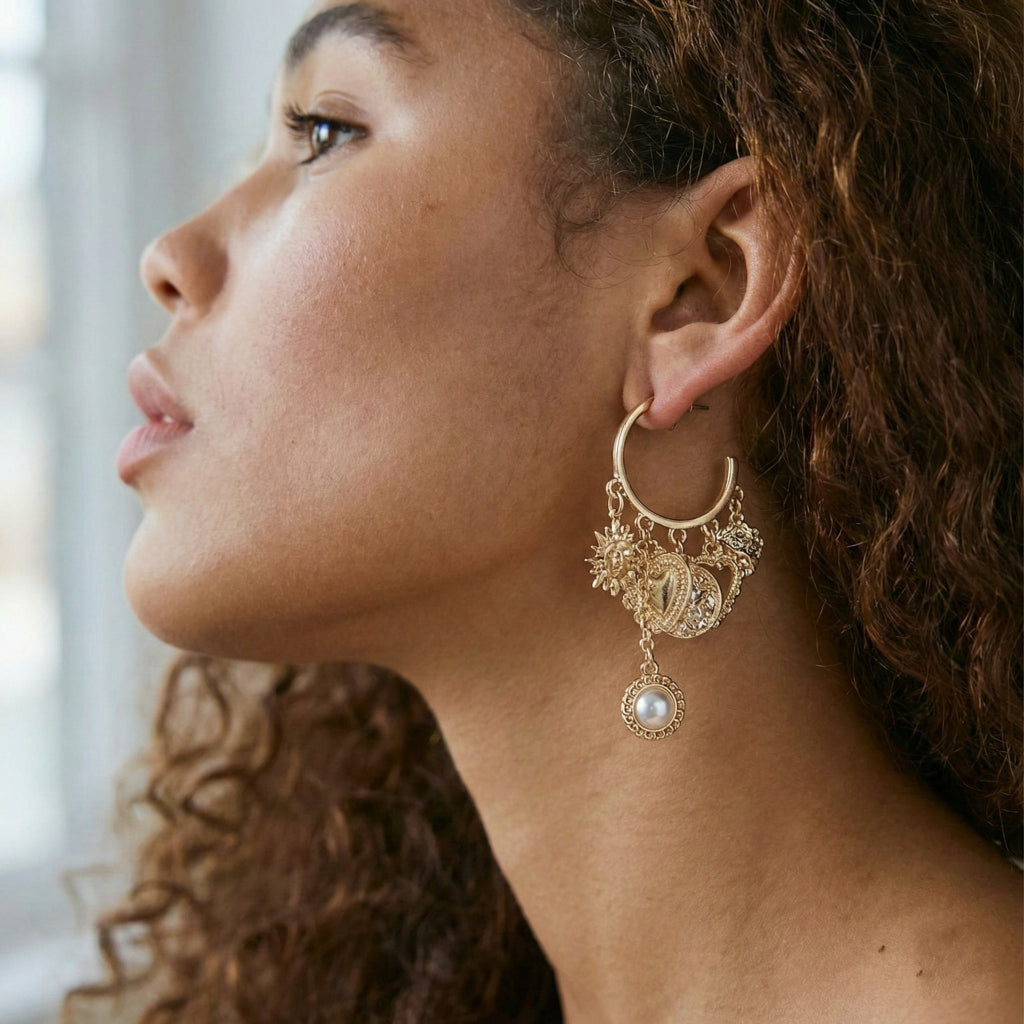 Celestial Charm & Pearl Dangle Hoop Earrings