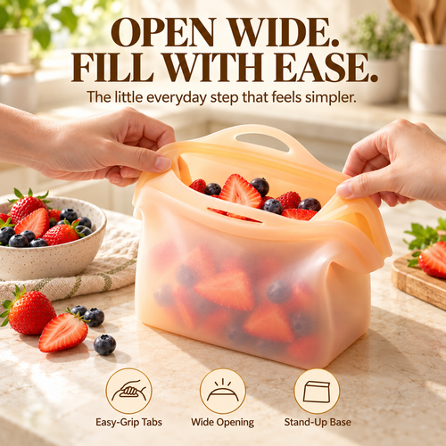 🥗 Stand-Up Reusable Silicone Food Storage Bag | Wide-Open 1L Design for Easy Kitchen Organization