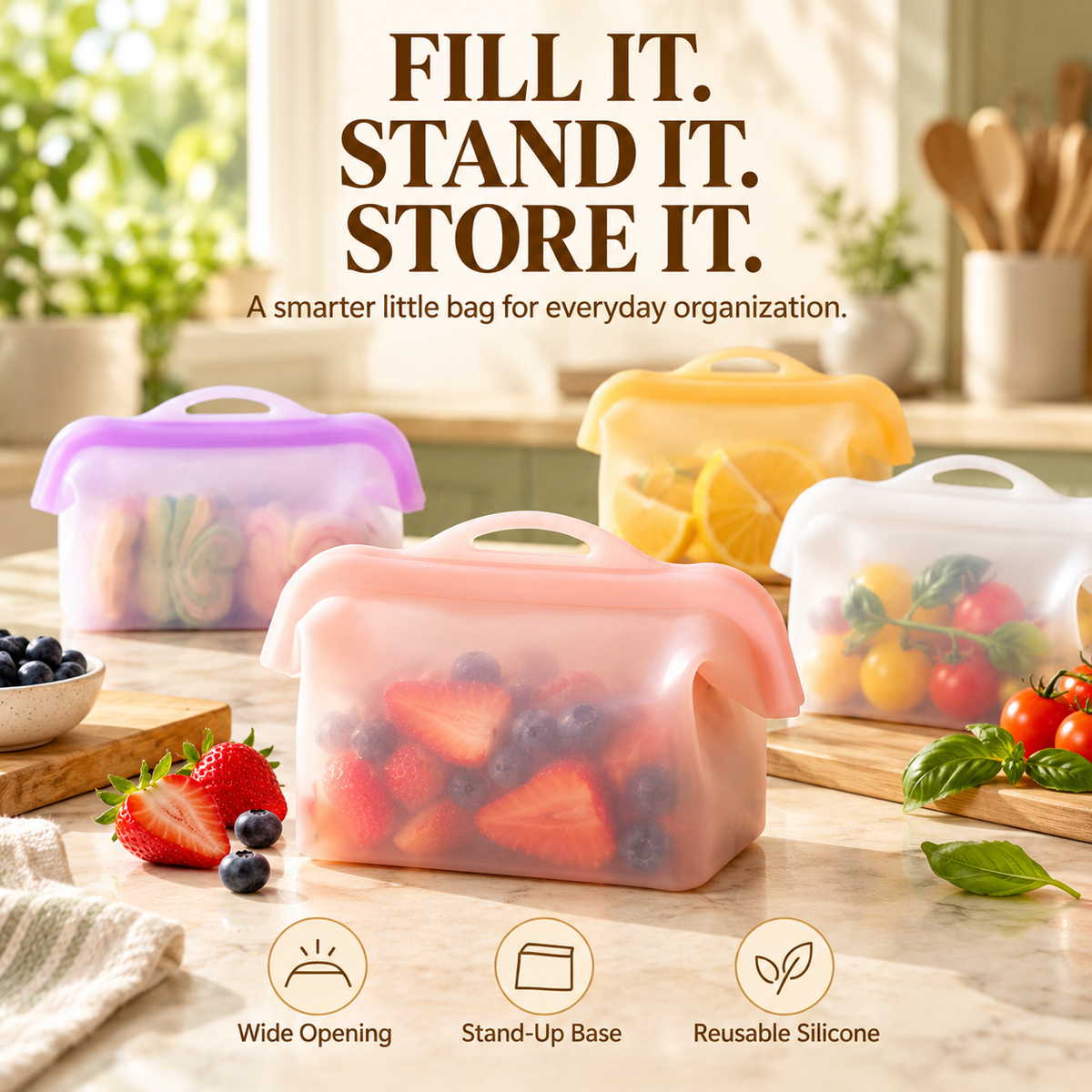 🥗 Stand-Up Reusable Silicone Food Storage Bag | Wide-Open 1L Design for Easy Kitchen Organization