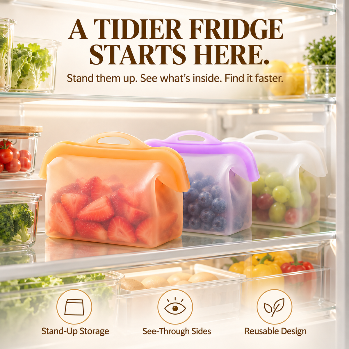 🥗 Stand-Up Reusable Silicone Food Storage Bag | Wide-Open 1L Design for Easy Kitchen Organization