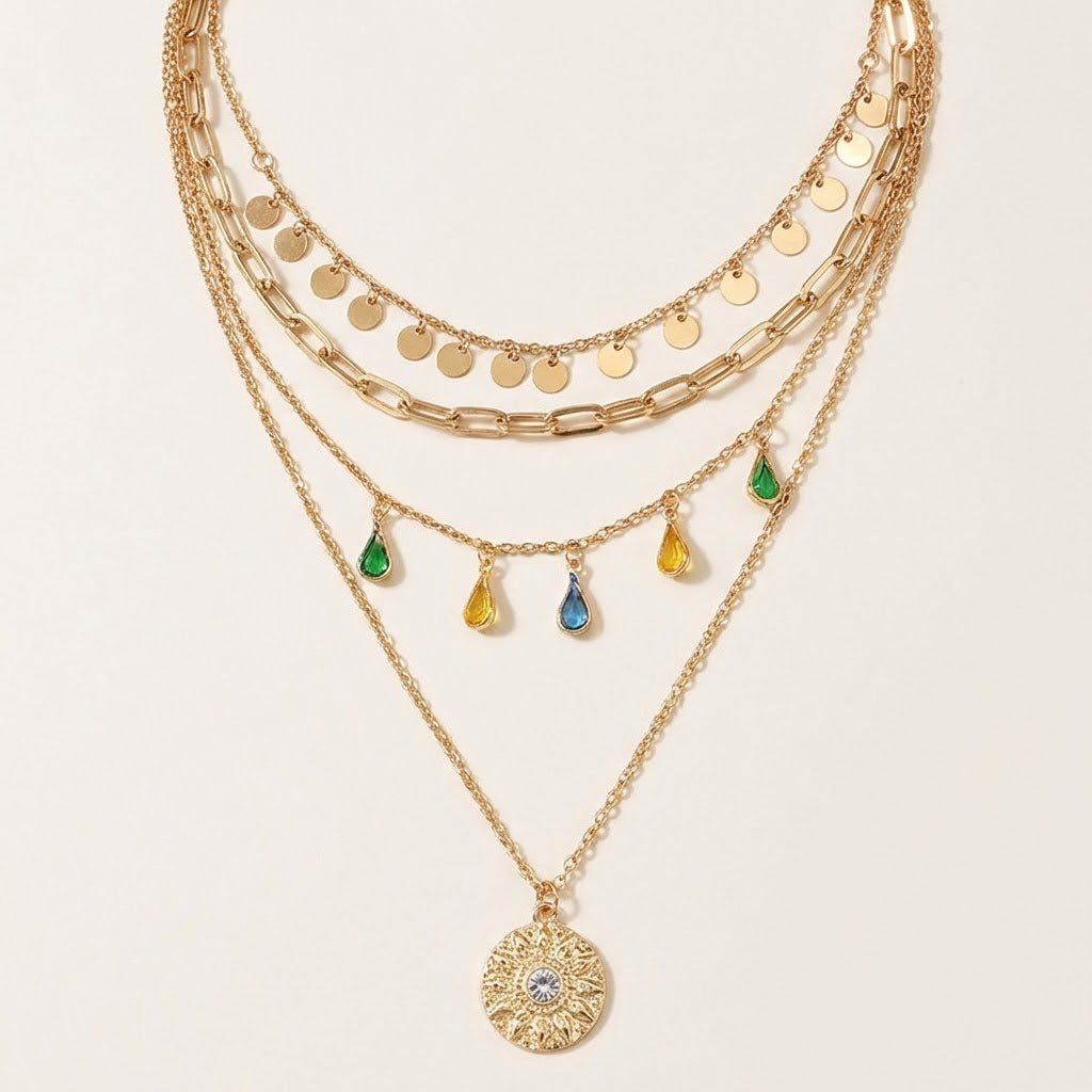 Colorful Geometric Disc & Droplet Tiered Necklace