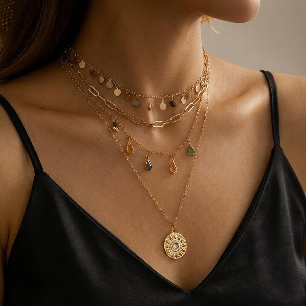 Colorful Geometric Disc & Droplet Tiered Necklace