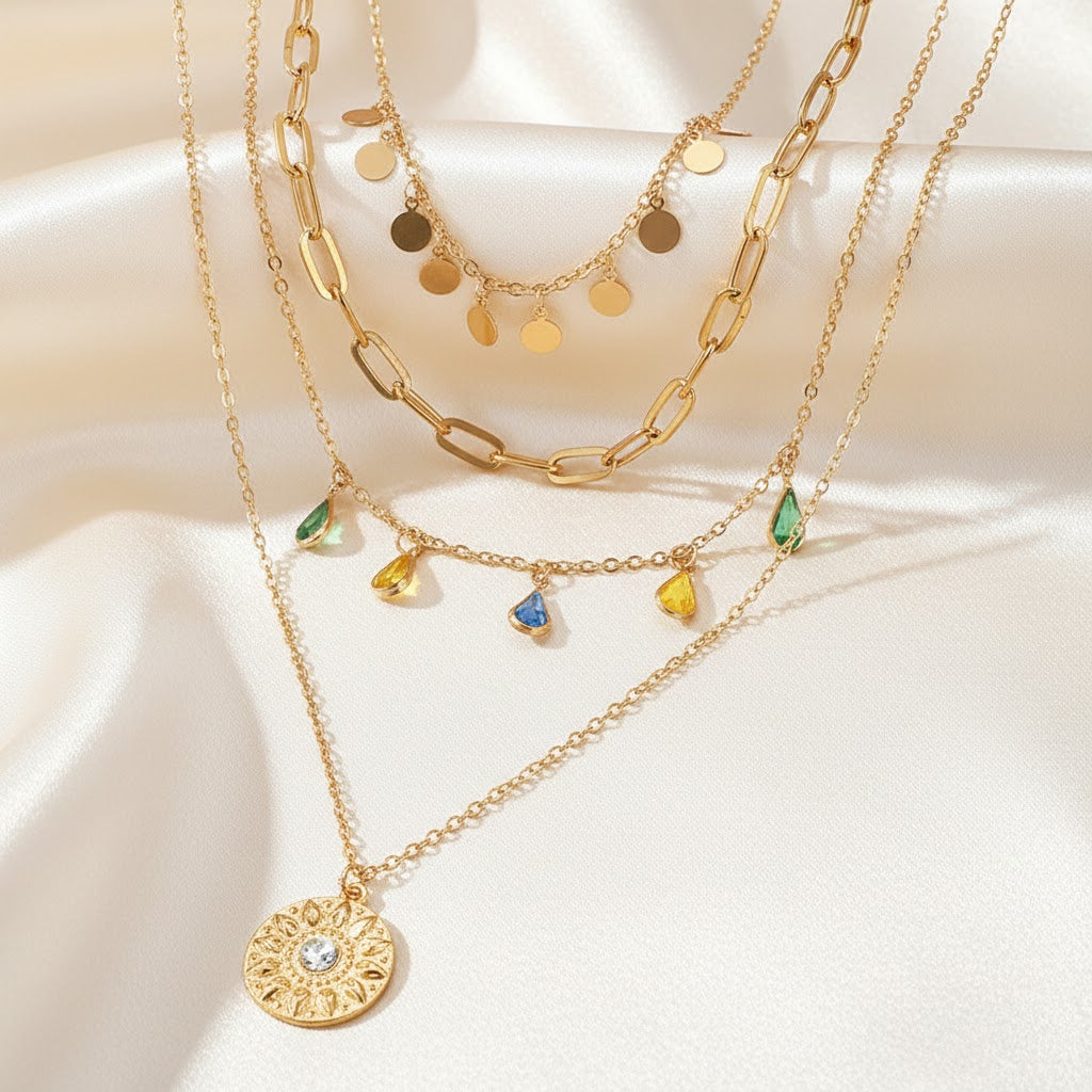 Colorful Geometric Disc & Droplet Tiered Necklace