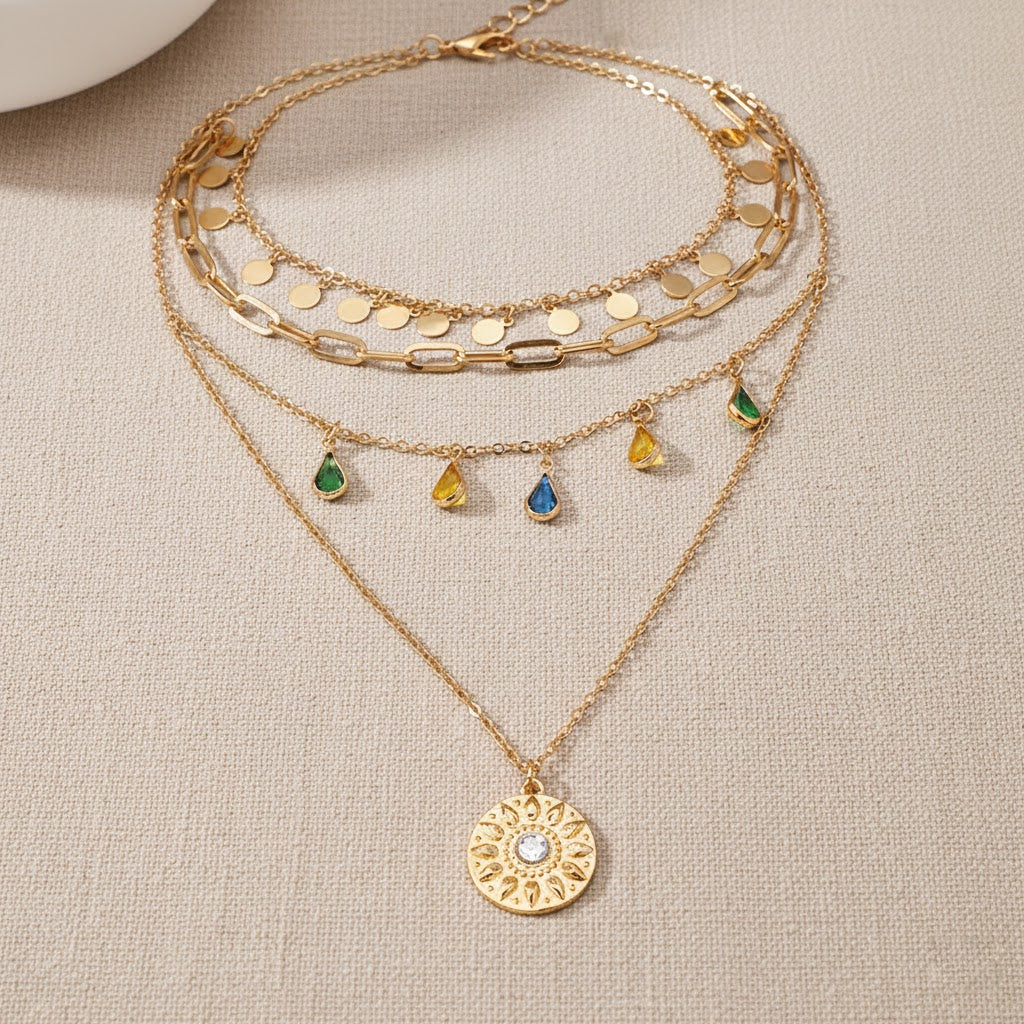 Colorful Geometric Disc & Droplet Tiered Necklace